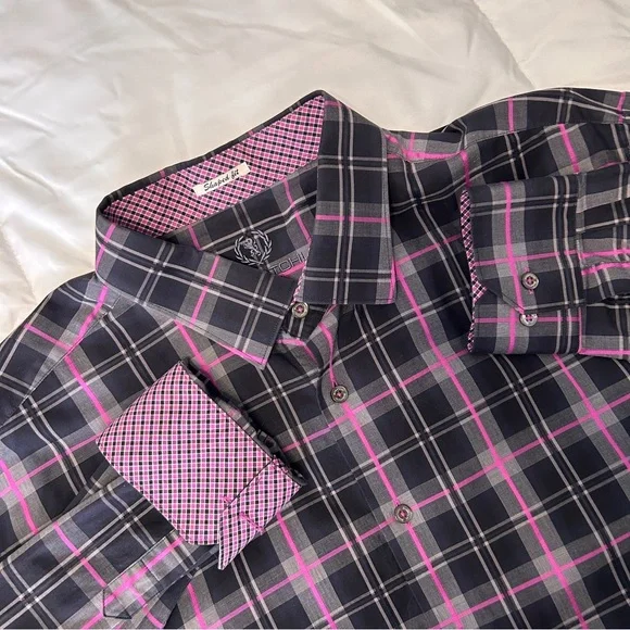 Bugatchi Men’s XXL Cotton Shape Fit Button Down Dress Shirt Black Pink Plaid EUC - Picture 1 of 10